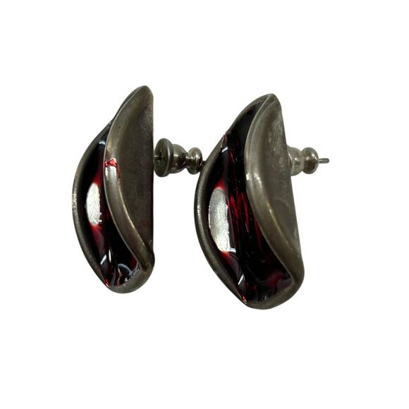 Vintage Fashion Earrings Post Pierced Red Silvertone 1 Inch - Picture 5 of 7